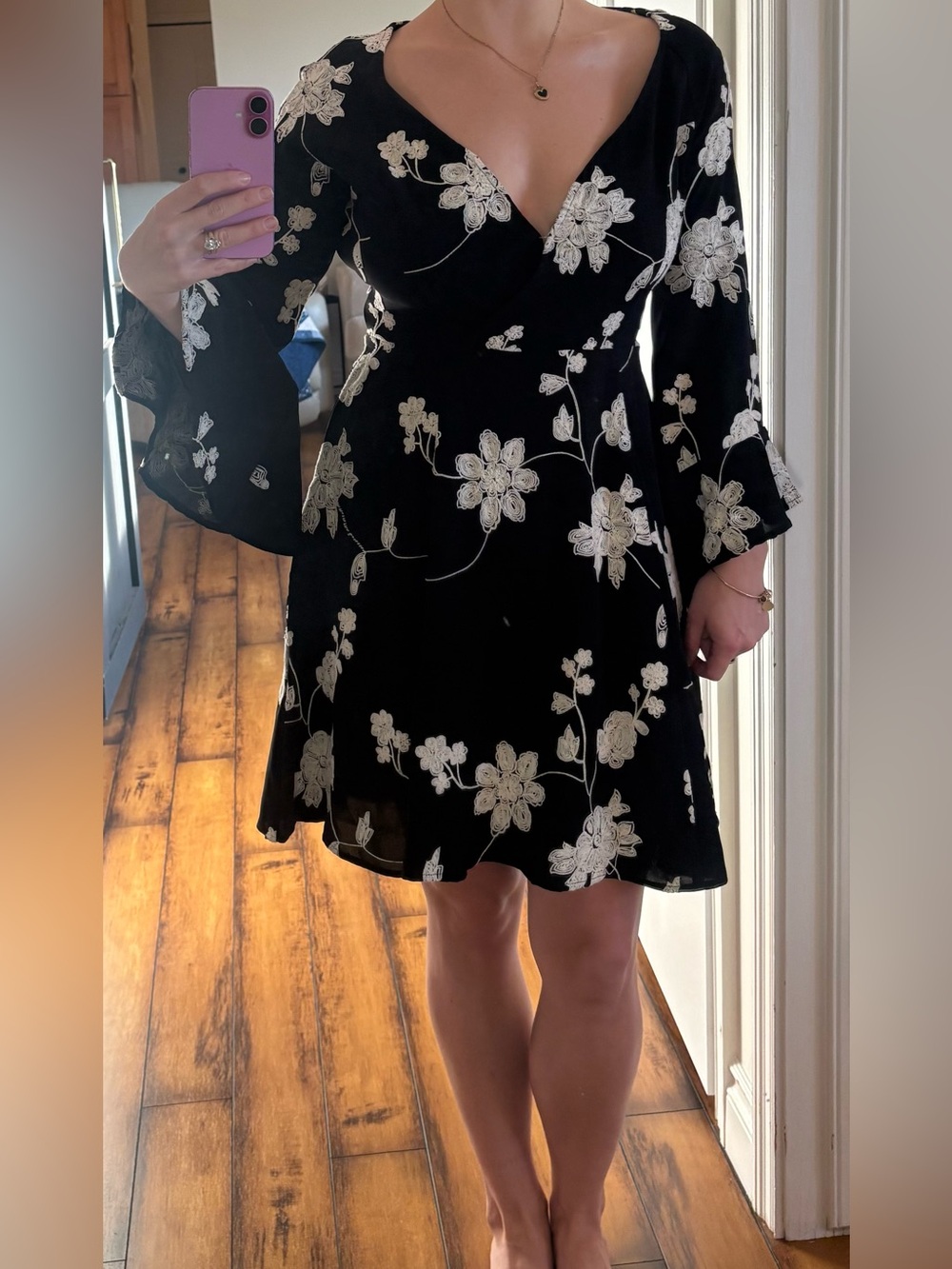 Stetson Black Dress with White Floral Embroidery